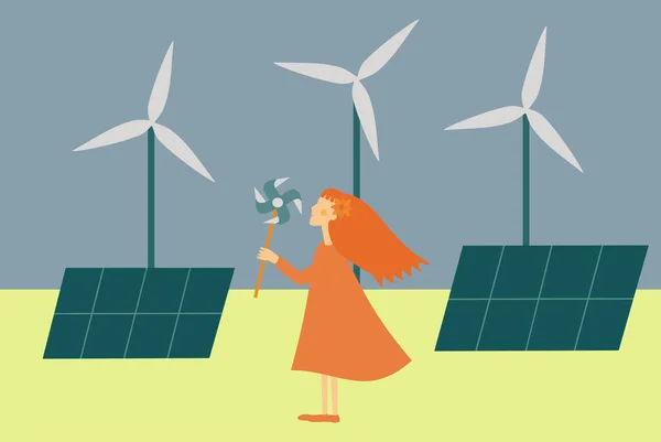 Illustration of woman character showing the power of wind with turbines and solar panels on the background