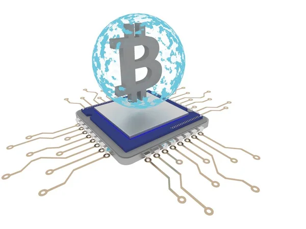 Minería bitcoin en la CPU con esfera azul. 3d renderizar —  Fotos de Stock