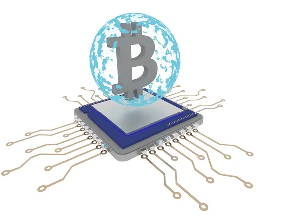 bitcoin madencilik mavi küre ile cpu üzerinde. 3D render