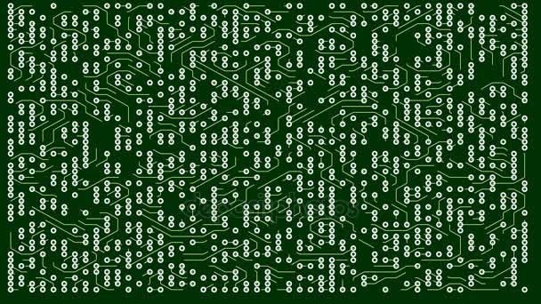 Linhas verdes desenhadas por pontos brilhantes eventualmente criam uma imagem abstrata de uma placa de circuito. Pode representar conexões eletrônicas, comunicação, tecnologia futurista . — Vídeo de Stock