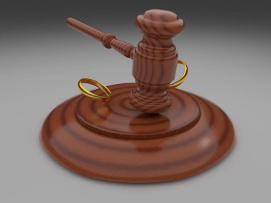 Boşanma konseptiyle tokmak ve alyans ahşap masa. 3D render