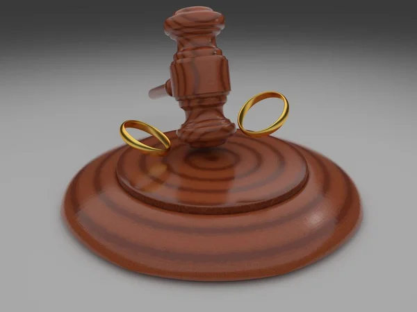 Boşanma konseptiyle tokmak ve alyans ahşap masa. 3D render