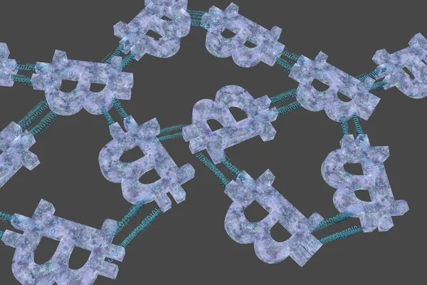 Ağ bağlantılı bitcoin simgeler. blockchain. 3D render