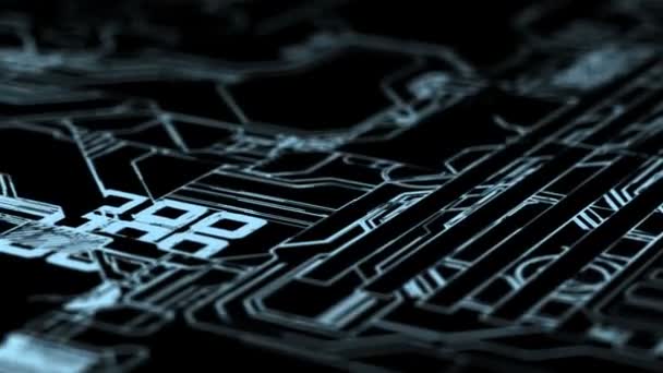 A beautiful circuit board with lots of complex moving elements. the camera rotates along the axis. depth of field. seamless loop. — Stock Video