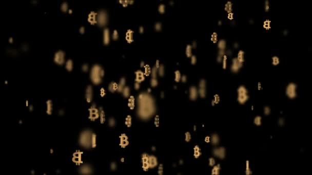 Zweven in de digitale ruimte van bitcoins. filmische achtergrond. 3D animatie. naadloze loops. — Stockvideo