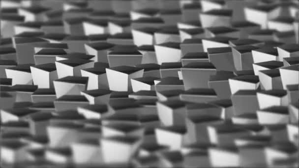 champ de cubes rotatifs de profondeur de champ. contexte industriel cinématographique. Animation 3D. boucle transparente .