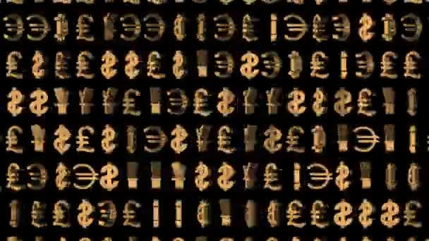 Wall of gold icons of the worlds major currencies. business cinematic background. seamless loop. — Stock Video