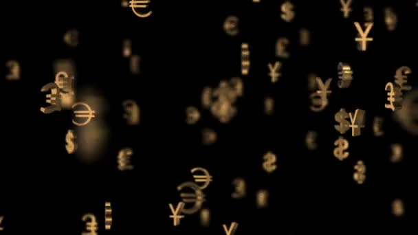 Iconen van de grote wereld valuta vliegen rond het scherptediepte van het veld. Zakelijke filmische achtergrond. naadloze loops. — Stockvideo
