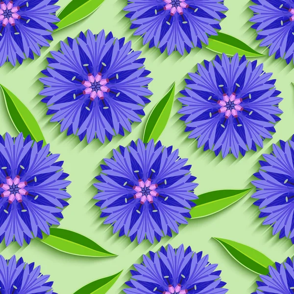 Summer seamless pattern with 3d cornflowers and leaves — Stock Vector