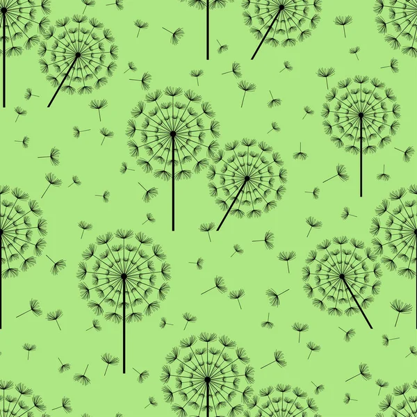 Modèle sans couture vert avec peluches pissenlits noirs — Image vectorielle