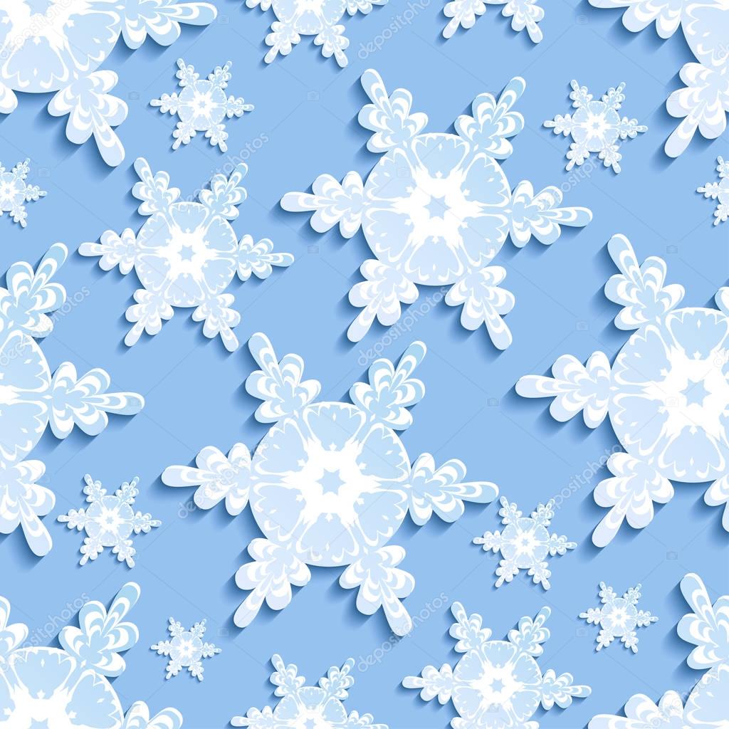 Seamless pattern with blue - white 3d snowflakes