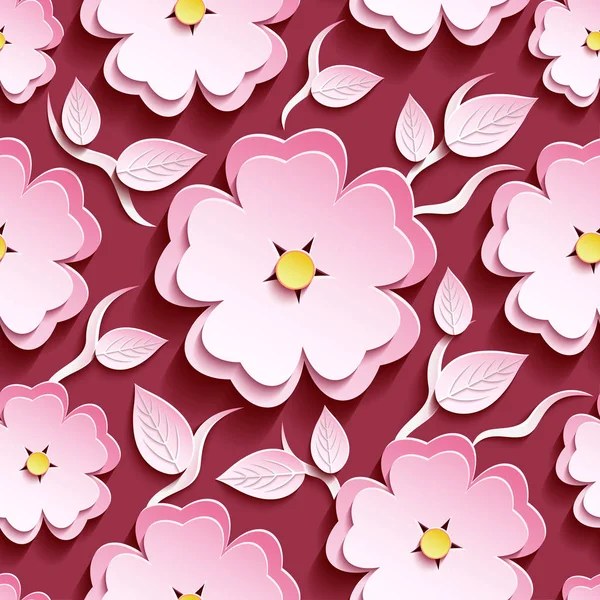 Rosafarbenes nahtloses Muster mit 3D-Sakura und Blättern — Stockvektor