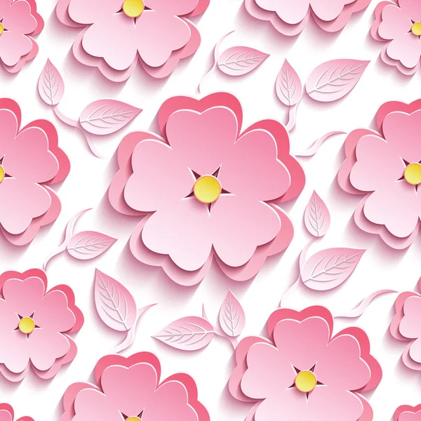 Florales nahtloses Muster mit 3D-Sakura und Blättern — Stockvektor