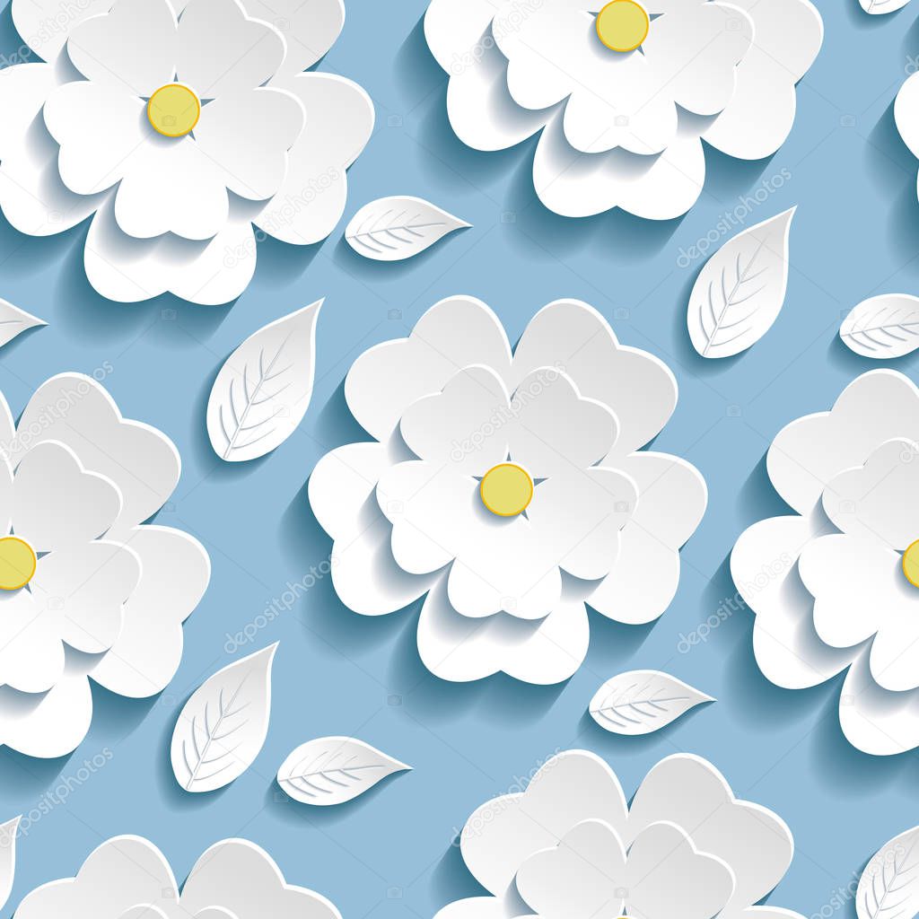 Trendy seamless pattern with 3d white sakura