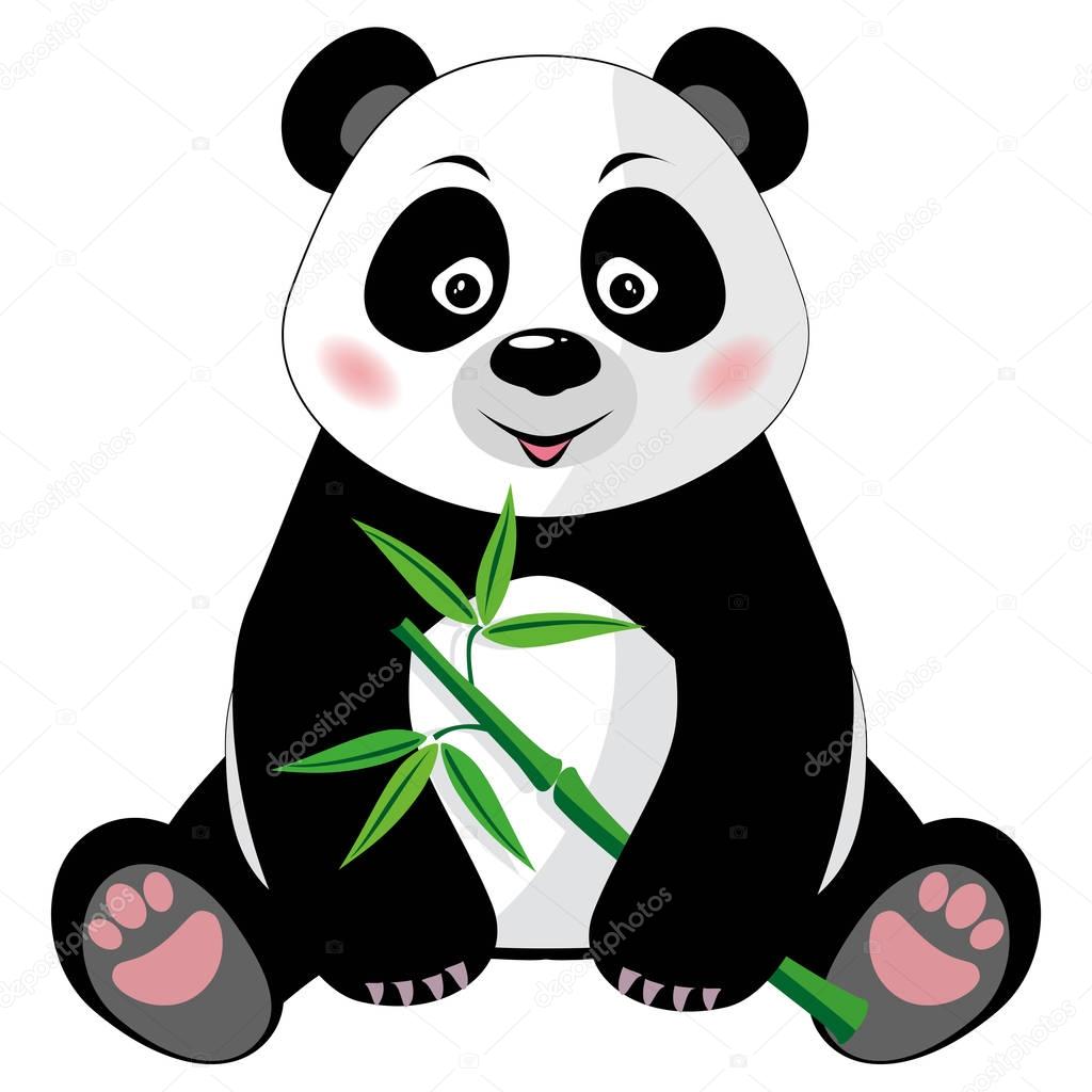 Sitting cute panda with bamboo isolated on white background