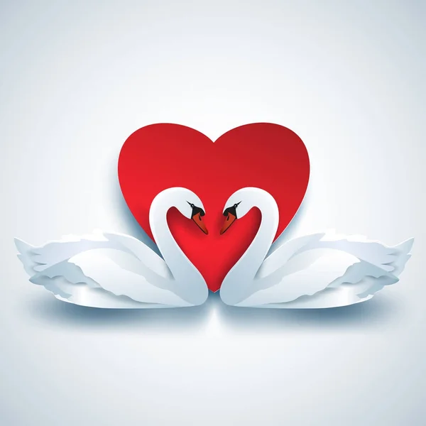 Valentines background with two white 3d swans and heart — Stock Vector