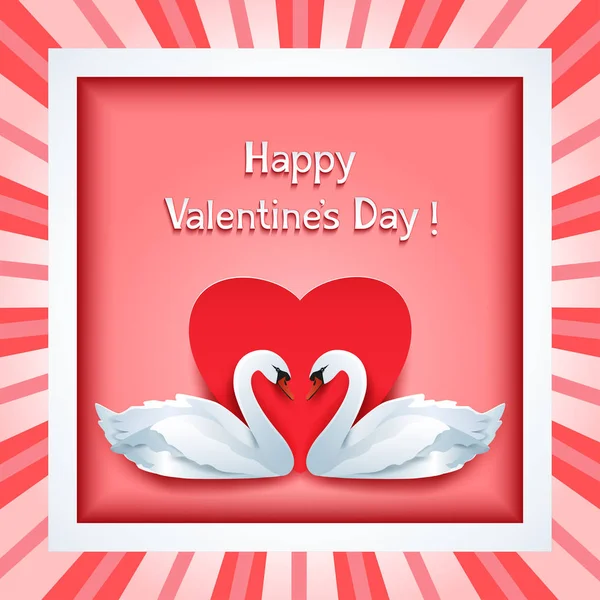 Marco de día de San Valentín con dos cisnes 3d y corazón — Vector de stock