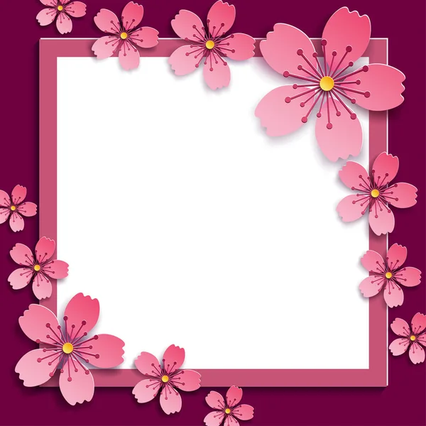 Celebratory  frame with pink 3d sakura blossom — Stock Vector