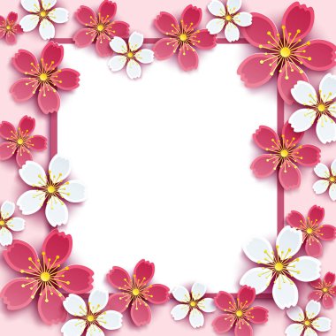 Pembe ve beyaz 3d sakura ile çerçeve şenlikli