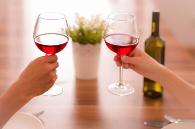 Birbirine aşık bir çift birlikte şarap içiyor. Kutlamada yemek masasında tezahürat yapıyorlar..