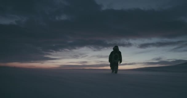 전통적인 순 록 가죽 코트를 입은 젊은 여행자 아름 다운 석양에 눈보라를 통해 간다. 극 지 탐험 2016입니다. 레드 에픽 4 k 해상도입니다. Hd — 비디오