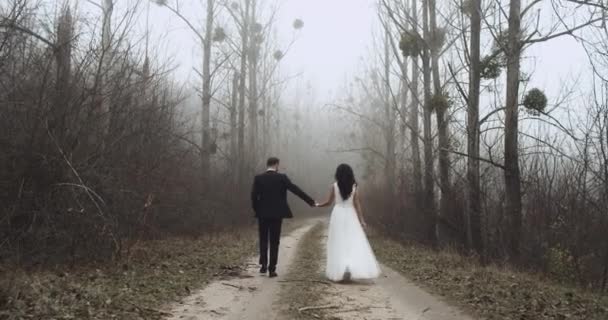 Happy young newlyweds are walking in a forest and they kiss,slow motion. 4k — Stock Video