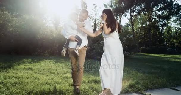 La giovane famiglia di tre persone che camminano per il campo, tenendosi per mano. Rallentatore della telecamera. La moglie è incinta del suo secondo figlio. 4k . — Video Stock