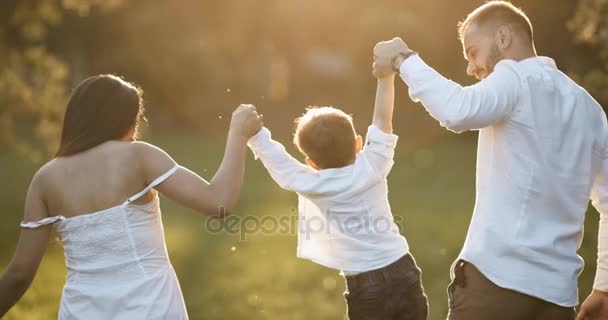 Jeune famille heureuse avec bébé. Ils se rendent au pittoresque champ vert au coucher du soleil. Le garçon est élevé par les parents. 4k . — Video
