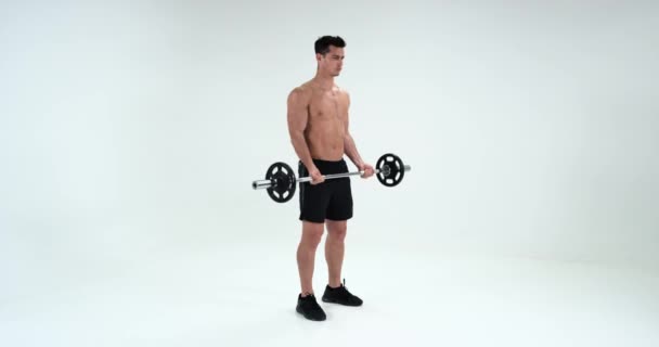 Homme avec haltère flexion des muscles sur fond blanc, sport, musculation, style de vie. Exercice des biceps. Épopée rouge . — Video