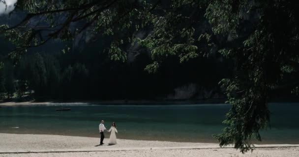 Pareja romántica caminando en medio del bosque, sosteniendo las manos, en el fondo hay un lago increíble con montañas. cámara lenta — Vídeo de stock