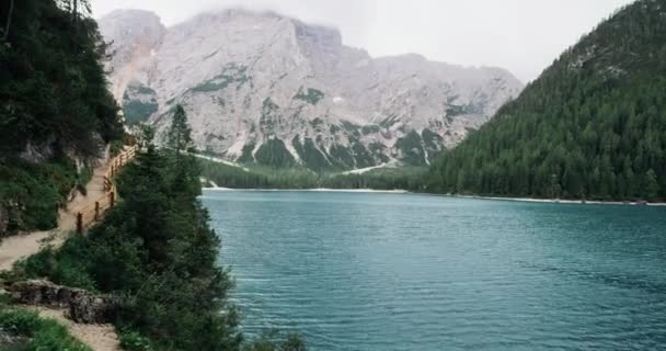 ただ完璧な自然、緑の森の山と湖と素晴らしいビンテージ橋の風景. — ストック動画