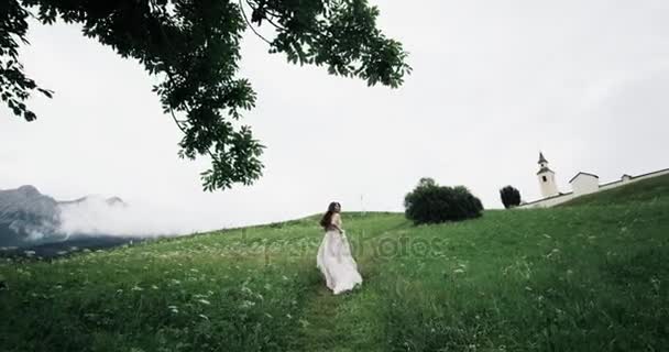 Молодая женщина в красивом длинном платье гуляет посреди зеленого поля с горами на заднем плане. замедленное движение — стоковое видео
