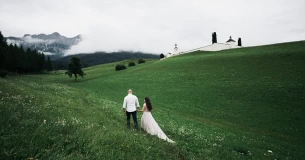 Романтическая пара, гуляющая по зеленому полю, держа за руки и глядя на удивительные виды леса и гор — стоковое видео