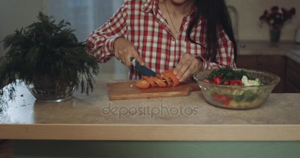 Closeup woman cut vegetables in the kitchen. 4k — Stock Video