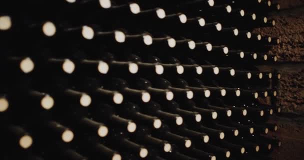 Garrafas de vinho velho numa adega. épico vermelho — Vídeo de Stock
