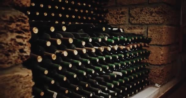 Primer plano viejas botellas de vino en una bodega. épica roja. 4k — Vídeos de Stock