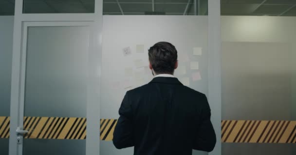 Les hommes d'affaires s'habillent en costume, écrivent quelques notes sur le papier et les collent sur le mur dans le bureau. 4k — Video