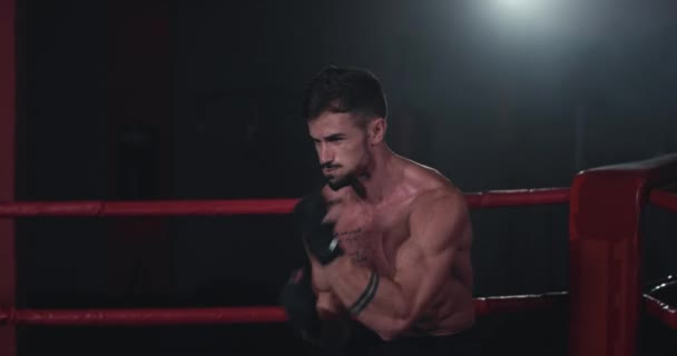 Boks ringinin ortasında boks maçına başlamadan önce vücut geliştirme dersinde biraz egzersiz yapan adam. — Stok video