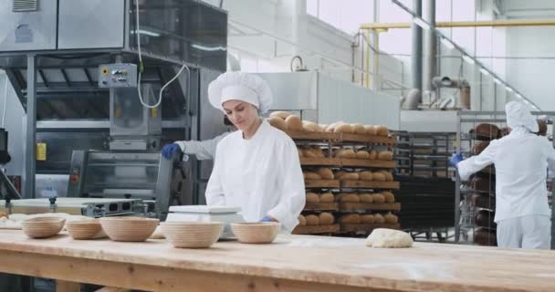 Приваблива жінка пекарня в білій формі готує тісто для випічки хліба концентрований фон інші працівники, що працюють у великій хлібопекарській промисловості — стокове відео
