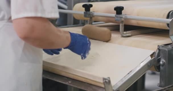 Επαγγελματίες αρτοποιοί με μπλε γάντια μεταφέρουν την ωμή φυλή από τον αυτόματο μεταφορέα στη ζύμη δίσκου είναι έτοιμοι να ψηθούν σε ψωμί σε ένα βιομηχανικό φούρνο — Αρχείο Βίντεο