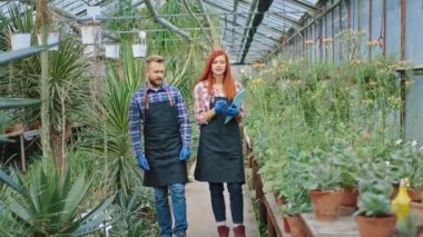 Very attractive lady gardener and charismatic man the o of the flower greenhouse walking around the decorative plants and analyzing them very carefully