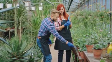 Cha man gardener and his colleague redhead lady florist analyzing the health of plants from the pot they have a conversation very concentrated. Shot on ARRI Alexa Mini
