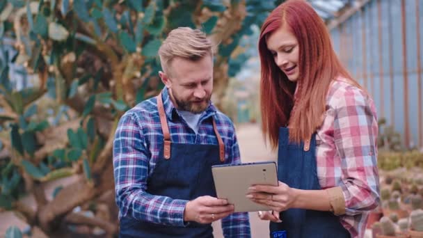 Portret van charismatische tuinman die het plan van hun tropische kas analyseert met behulp van een tablet die ze in een goed humeur zijn — Stockvideo