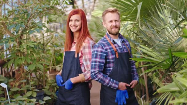 Portrait in front of the camera good looking two gardener standing in front of the camera and smile large in a large greenhouse — стоковое видео