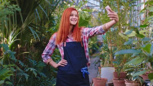 Grande olhando jardineiro ruiva senhora com um grande sorriso ela tirar algumas fotos com seu smartphone no meio de uma estufa — Vídeo de Stock