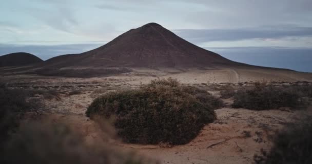 Посреди удивительного ландшафта с красивой горой и полем с полным песком и камнями — стоковое видео