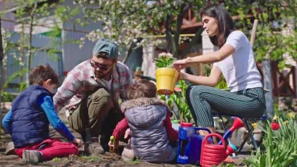 Annem ve babam bahçede iki çocuğuyla birlikte çalışıyor. Çiçek dikiyorlar. Bütün aile günlerini evde geçiriyor. — Stok video