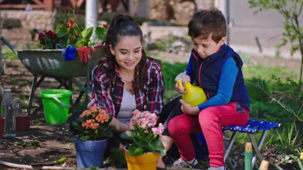 Attraente madre e suo figlio in giardino si divertono insieme madre insegnare a suo figlio come prendersi cura dopo i fiori come diritto di innaffiarli — Video Stock