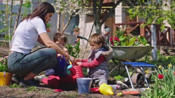 Двое маленьких детей и их мама с папой хорошо проводят день в саду, где они посадили цветы, затем берут немного воды в емкости для полива и поливают цветы. 4k — стоковое видео