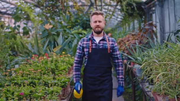 Blonde gardener guy using a sprinkler in front of the camera posing crossing hands smiling large and pretty — Stock Video